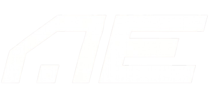 Logotipo corporativo con las letras A y E en color blanco sobre un fondo negro sólido.