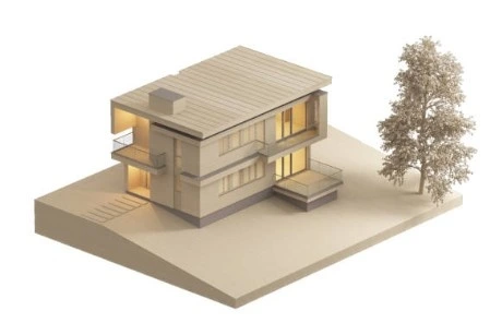 Maqueta de construcción de vivienda moderna con dos plantas y grandes ventanales en Barcelona