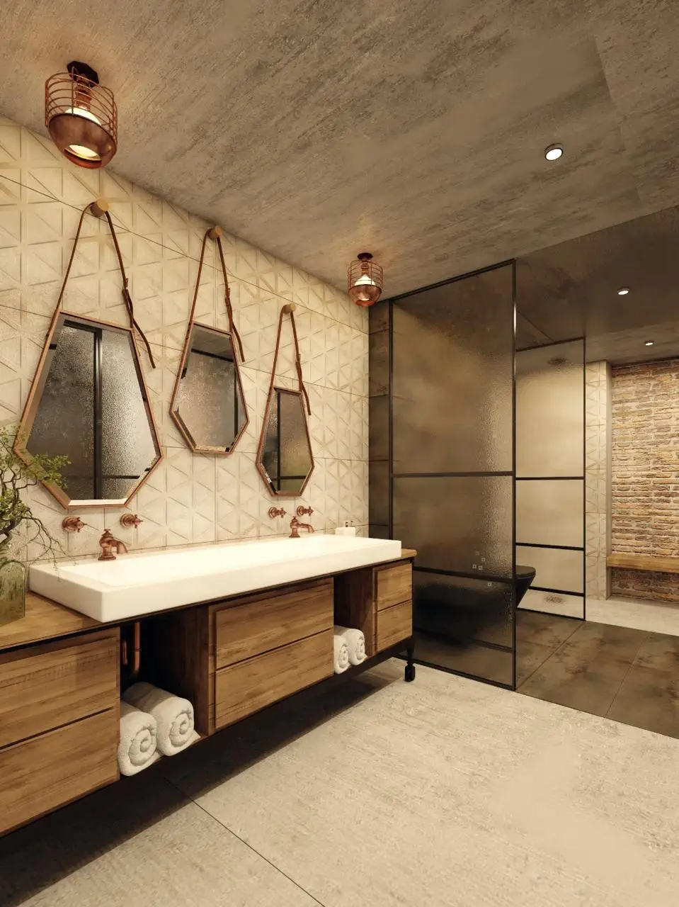 Reforma de baño con mueble de madera, espejos hexagonales colgantes y mampara industrial en Barcelona