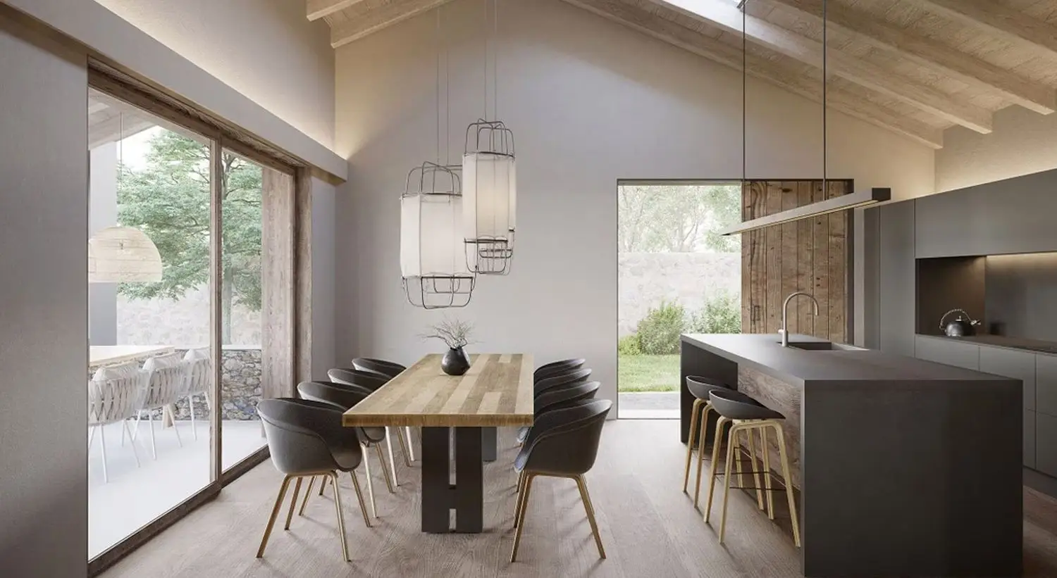 Reforma integral de vivienda con cocina abierta, isla negra y techo de vigas de madera en Barcelona
